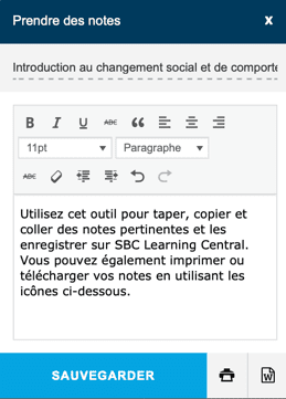 Fonction « Prendre des notes » avec icônes d'impression et de téléchargement.