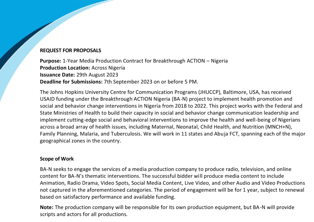 Request for Proposals for a Production Studio