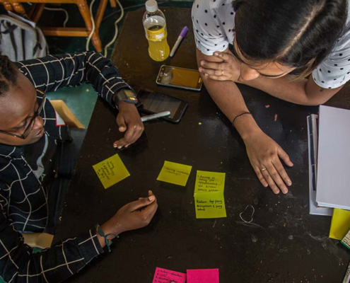 Focus group works around a table with post-it notes