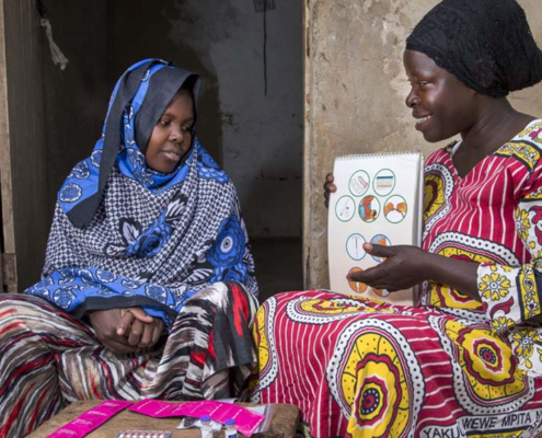 Female community health worker talks to a woman during a home visit in Uganda