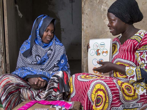 Female community health worker talks to a woman during a home visit in Uganda